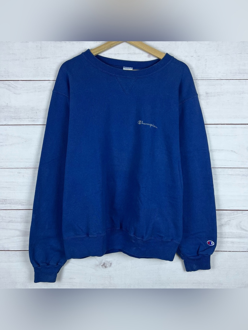 Vintage 90s Champion Blue Fleece Crewneck Sweatshirt Embroidered Logo Large